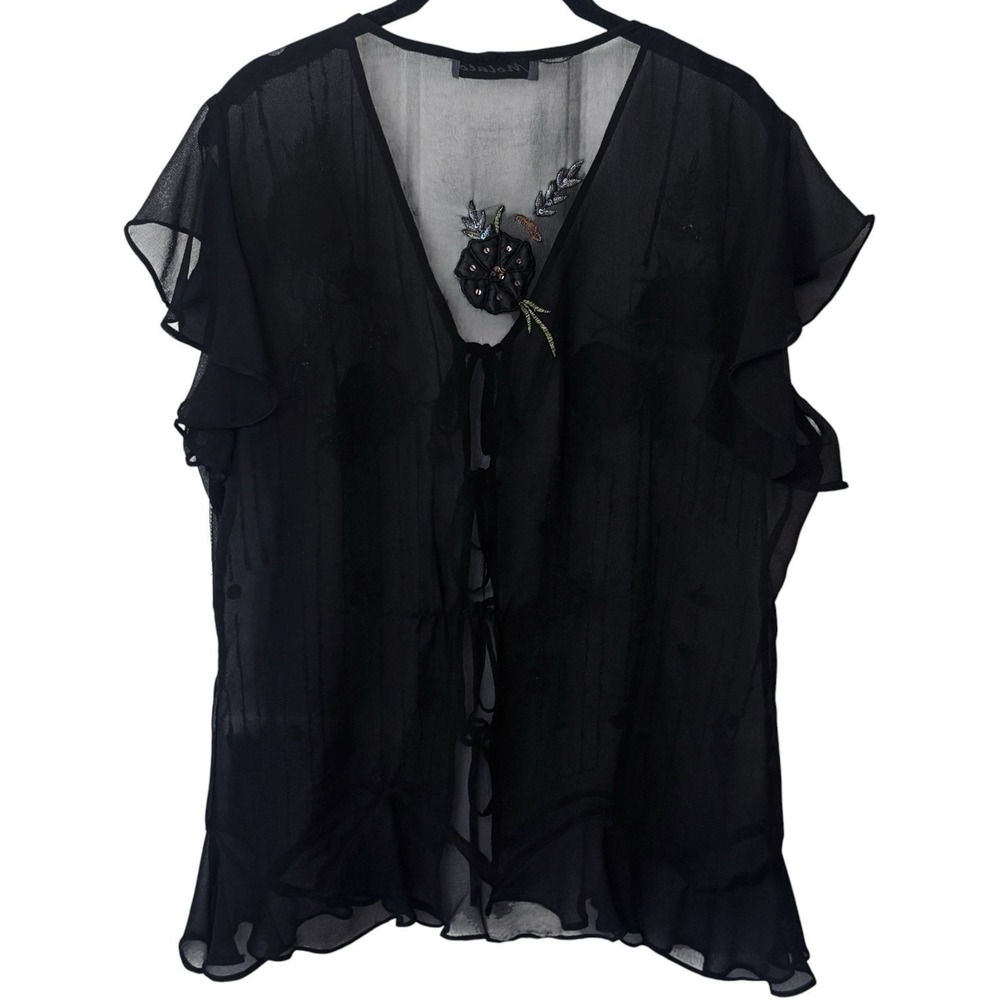 Y2K Molato Black Sheer Floral Sequin Tiefront Cardigan Whimsical Ethereal XL/XXL - Picture 7 of 12